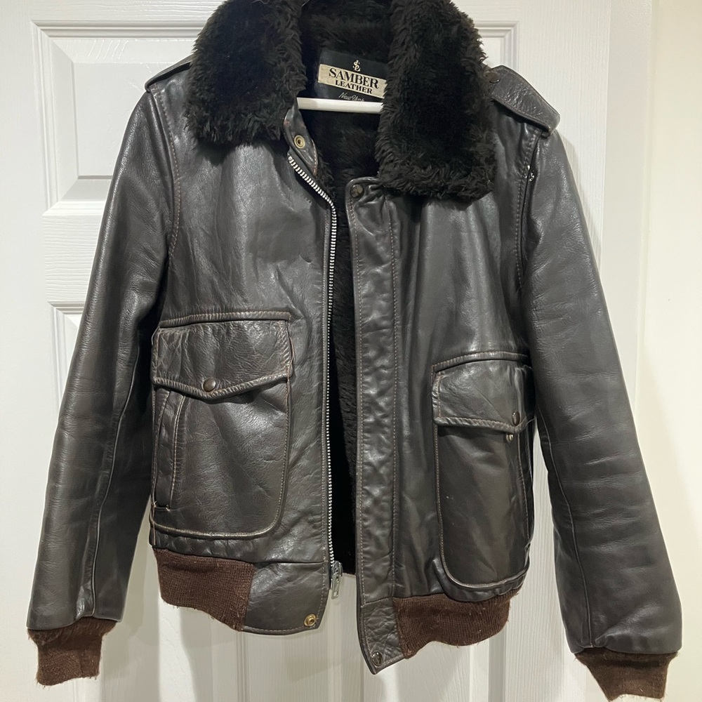 Men's Brown Vintage Bomber Leather Jacket - Medium